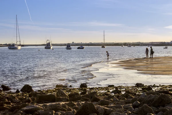 People enjoying spring sunset time in Quatro-Aguas East beach, Ria Formosa Natural Reserve, at Tavira. Algarve — Stock Photo, Image