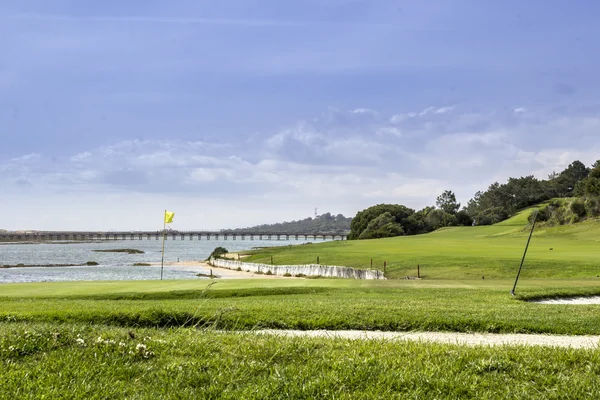 Algarve golf course seascape scenery, at Ria Formosa wetlands reserve. — Stock Photo, Image