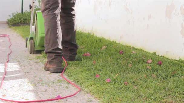 Home Gardening Activity - Electric Lawn backyard mowing, — Stock Video