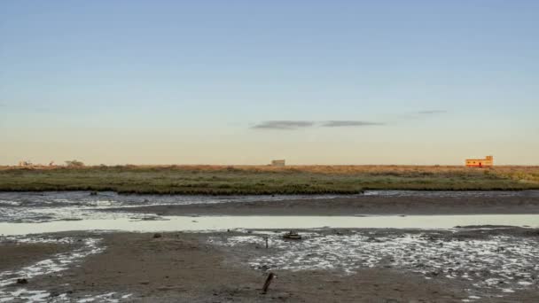 Ayın yükselişine zaman atlamalı, Bina tarihi cankurtaran ve ayrıca bazı yengeçler ön planda hareket Fuzeta kasabadan Ria Formosa sulak doğal park peyzaj görüntülemek — Stok video