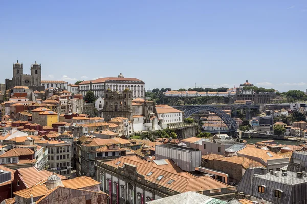 Veduta del centro storico, del Castello della città e del famoso ponte Dom Luiz — Foto Stock