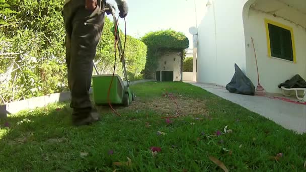 Início Atividade de jardinagem - Cortar o quintal do gramado elétrico, cortando o detalhe da grama . — Vídeo de Stock