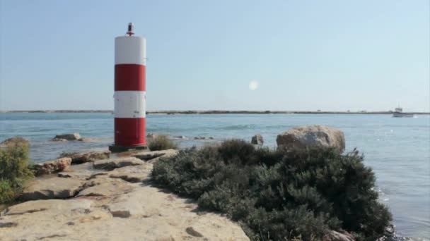 Ria Formosa sulak doğal park deniz iskelesi Fuseta balıkçılık turizm şehirdeki yüksek gelgit sırasında görünümden. Algarve. — Stok video