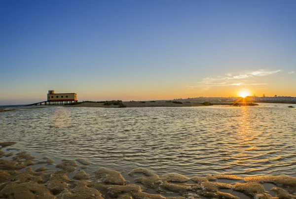 Vista da paisagem do pôr-do-sol da Ria Formosa região de conservação natural das zonas húmidas, forma inactiva de produção de pântano salgado em primeiro plano, em Olhao, Algarve — Fotografia de Stock