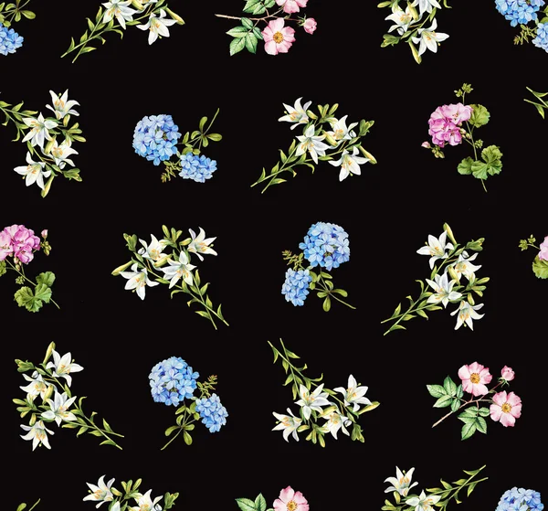 Hortenzie a modrý Jasmín akvarel květinové bezešvé pattern — Stock fotografie