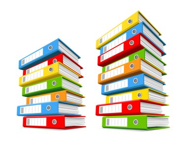 Two piles of colorful binders isolated on a white background. Concept of office information overload. Vector illustration. clipart