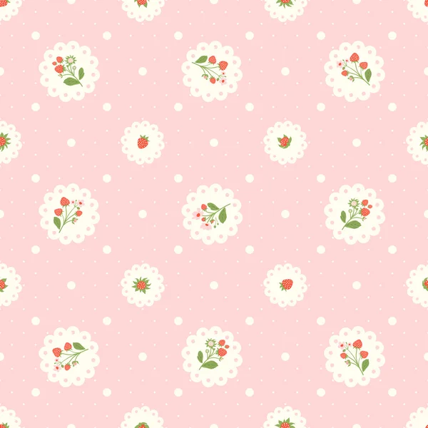 Vintage pink vector seamless pattern with strawberries and polka dots — Stock Vector