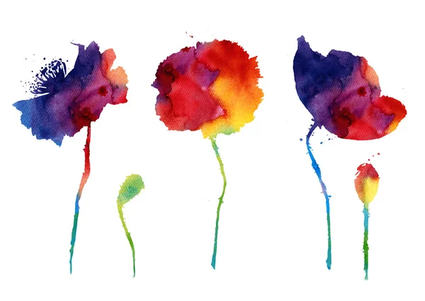 Watercolor with three abstract poppy flowers — Stock Photo, Image