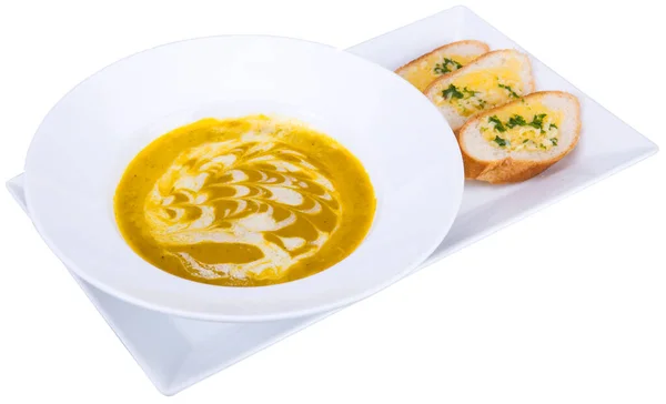 Sup Krim Jamur Dengan Brad Panggang Piring Putih Makanan Latar — Stok Foto
