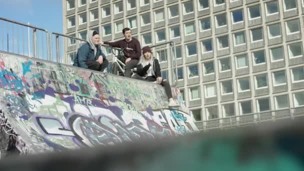 Bruslaři mluvit na skatepark — Stock video