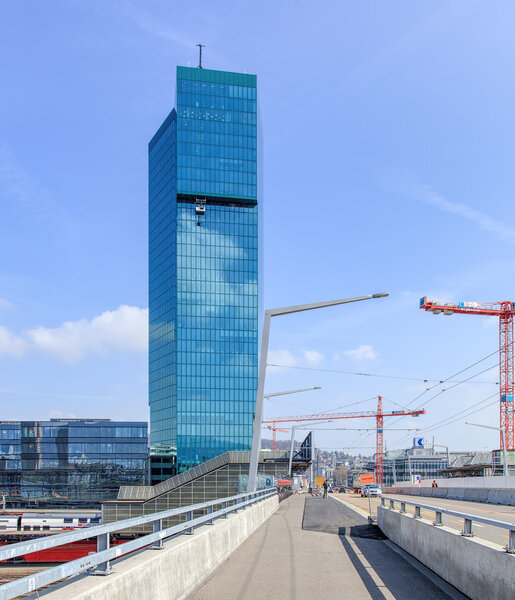 Zurich, Switzerland - 4 April, 2016: the Prime Tower building, view from the Hardbruecke motorway bridge. The Prime Tower is a skyscraper located near the Hardbruecke railway station. Being 126 meters high it is the highest skyscraper in Switzerland.