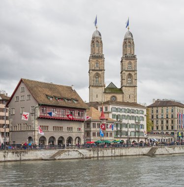 Limmat quay and Grossmunster in Zurich during children's spring 