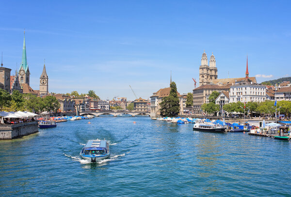 Zurich, Switzerland - 7 July, 2014: view along the Limmat river with the 