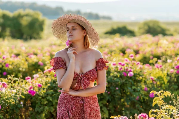 Una Ragazza Con Cappello Paglia Vestito Rosso Cammina Campo Rose — Foto Stock