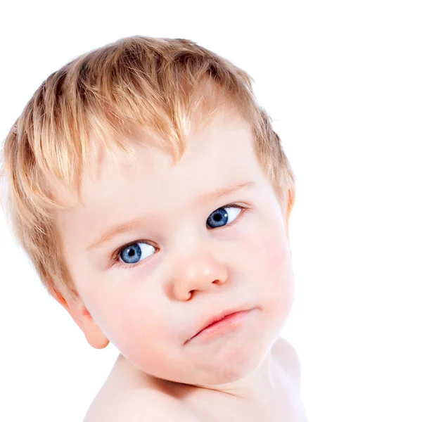 Niño rubio y ojos azules niño con varios expres faciales — Foto de Stock