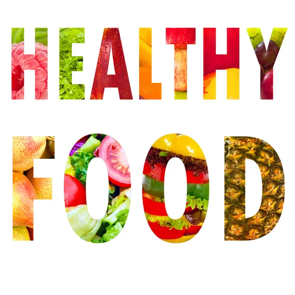 Sağlıklı gıda word metni beyaz arka plan üzerinde büyük harflerle — Stok fotoğraf