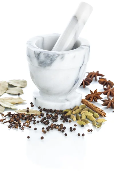 Marble mortar and pestle with assorted spices — Stock Photo, Image