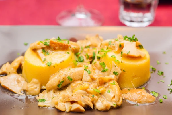 Polenta with boletus mushroom sauce — Stock Photo, Image