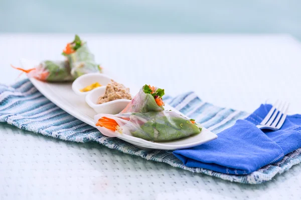 Vietnamese spring rolls with vegetables and coriander on a plate — Stock Photo, Image