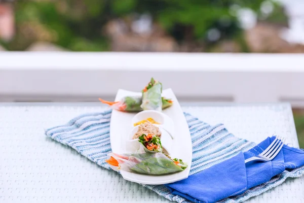 Vietnamese spring rolls with vegetables and coriander on a plate — Stock Photo, Image