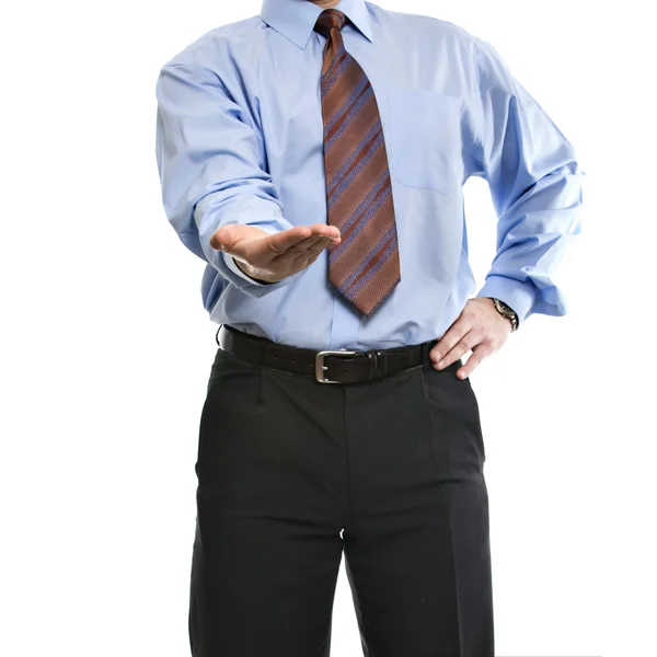 Uomo d'affari che presenta qualcosa sul palmo vuoto — Foto Stock
