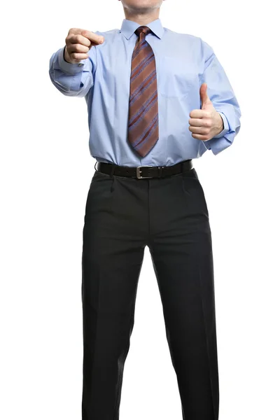 Uomo d'affari mostrando pollice in su e tenendo o presentando qualcosa — Foto Stock