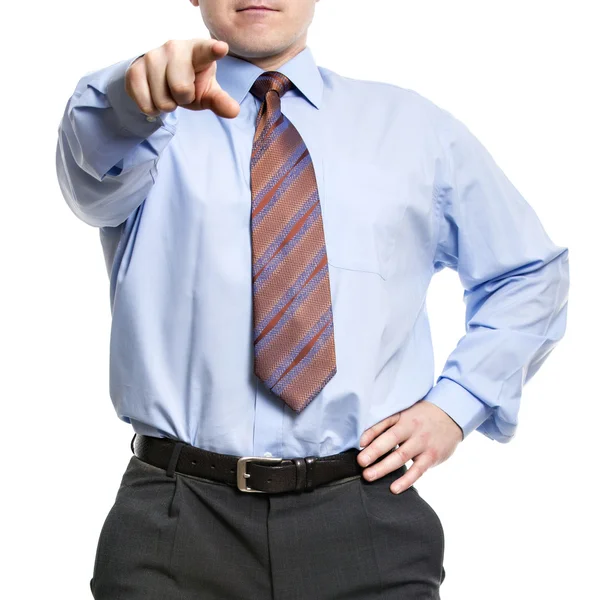 Uomo d'affari in camicia blu che punta con indice verso di noi — Foto Stock