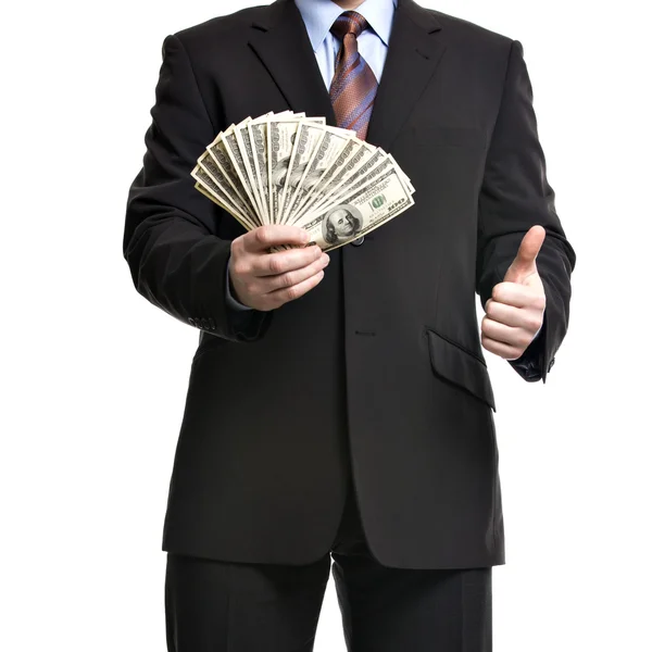 Some unrecognizable Businessman in suit showing  a Spread of Cas — Stock Photo, Image