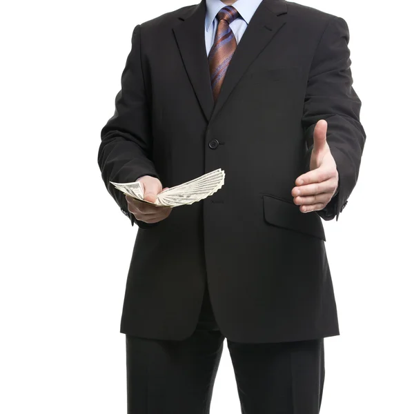 Some unrecognizable Businessman in suit shows a Spread of Cash a — Stock Photo, Image