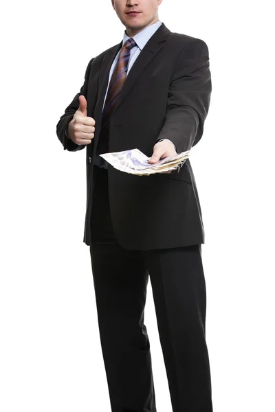 Un hombre de negocios irreconocible con traje que muestra una extensión de Poun —  Fotos de Stock