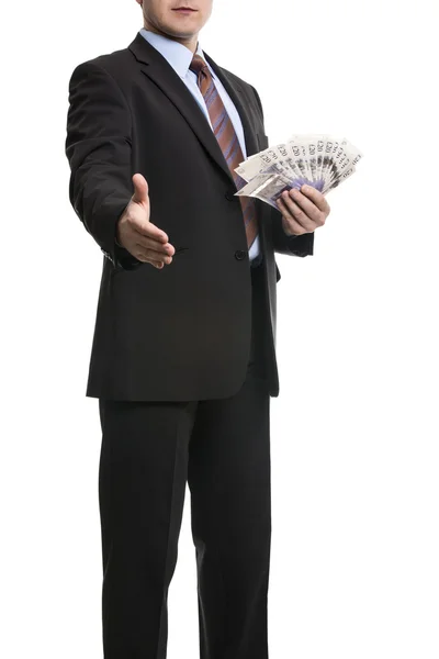 Un hombre de negocios irreconocible con traje oscuro muestra una extensión de 2 —  Fotos de Stock
