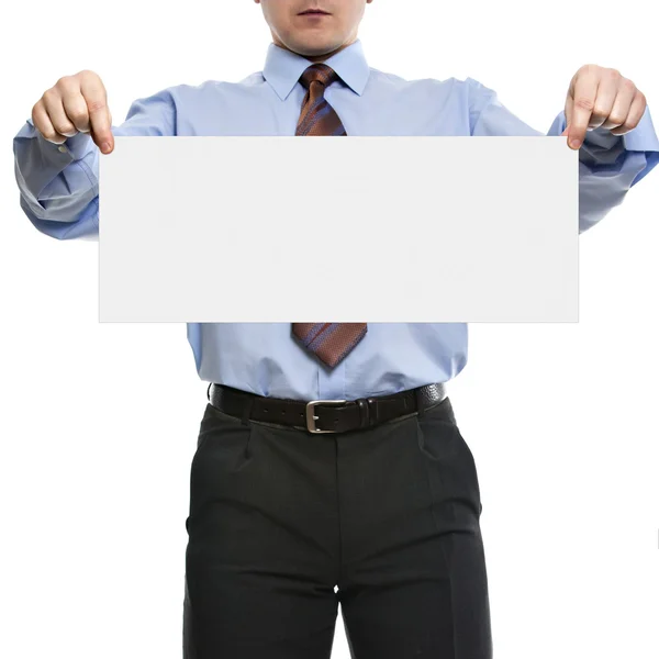 Empresario con camisa azul sostiene cartel en blanco — Foto de Stock