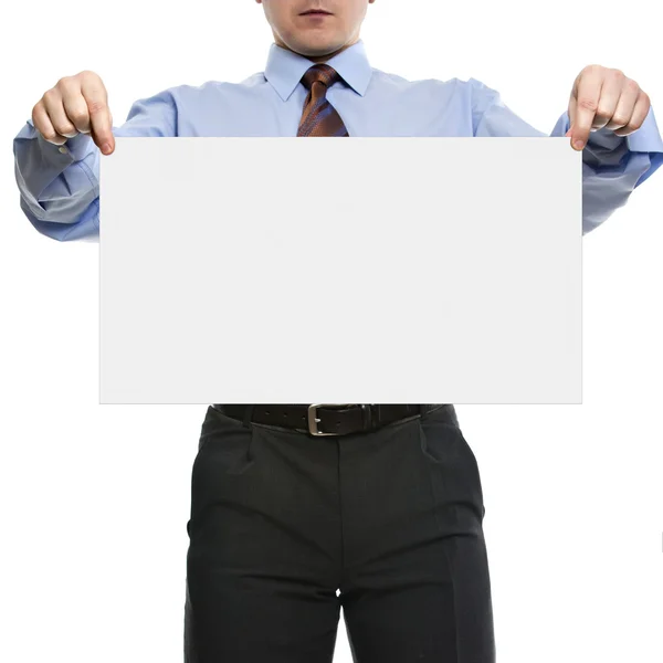 Businessman in blue shirt holds blank placard — Stock Photo, Image