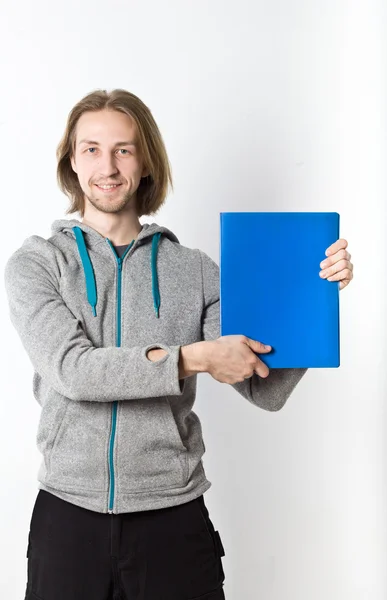 Portrait of young man with long blond hair on a white background — Stock Photo, Image