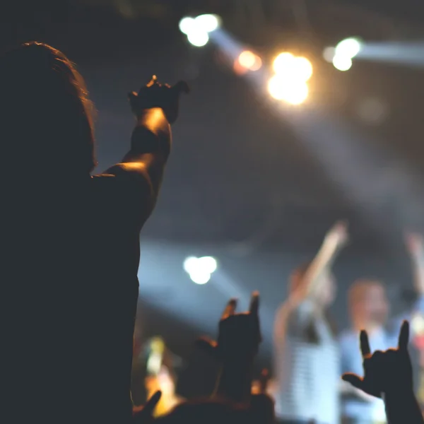 Multitud, animando y viendo una banda en el escenario — Foto de Stock