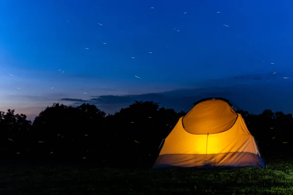 Camping Tent Blue Hour Fireflies — Stock Photo, Image