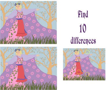 Bahar görüntüsü. Pembe elbiseli kadın. Pelerininde bir çiçek deseni var. Çocuklar için illüstrasyon. 10 farklılık bul.
