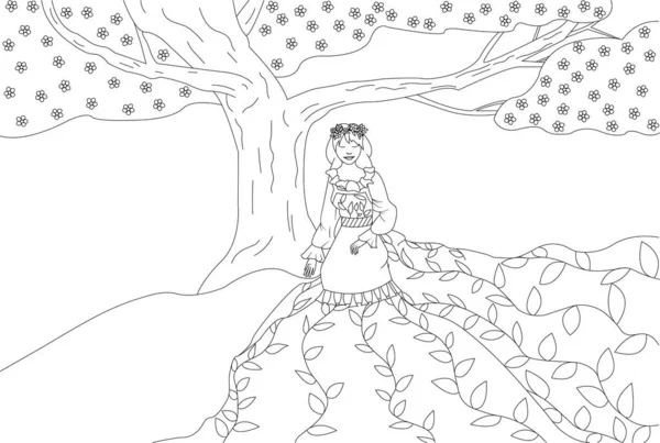 Spring Girl Sitting Blooming Spring Tree Coloring Page Illustration Coloring — Stock Vector