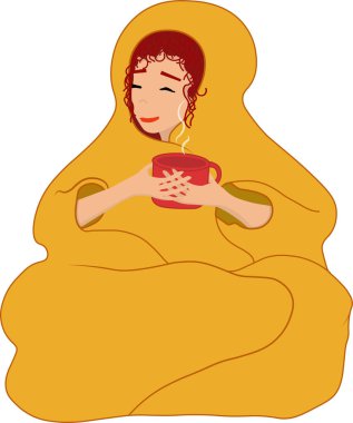Sıcak sarı bir battaniyeye sarılı oturan kız. Elinde bir fincan sıcak içecek tutuyordu. Kahve ya da çay. Vektör illüstrasyonu.
