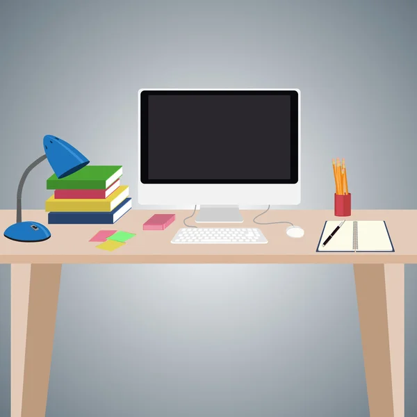 Escritorio con ordenador y otros elementos en él . — Vector de stock