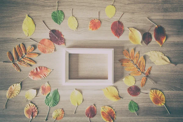 与多彩的秋天的木桌上的白框叶、 业务 — 图库照片