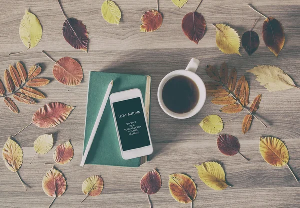 O livro, o telefone e uma xícara de chá em uma mesa de madeira com colo — Fotografia de Stock