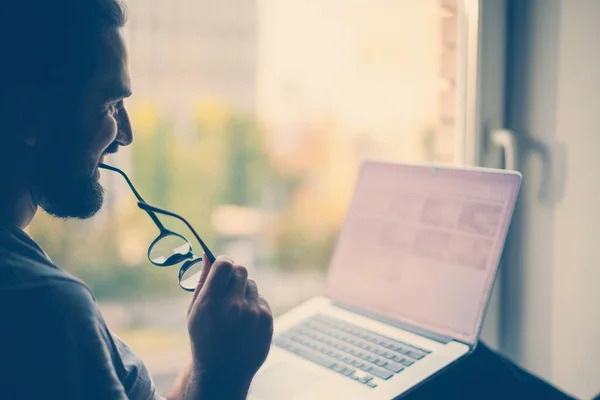 Handsome Attractive Young Dark Haired Man Looking Laptop Screen Home — Stock Photo, Image