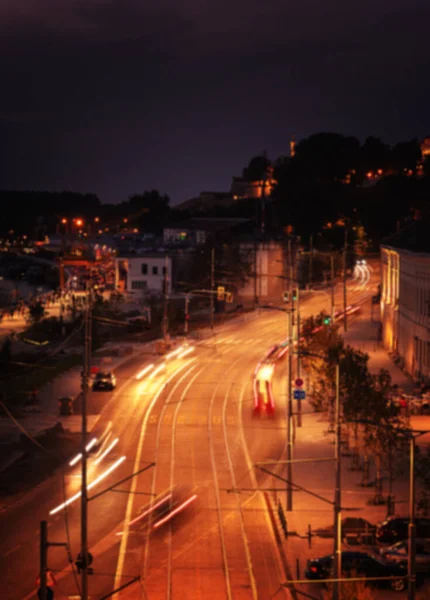 Calle Noche Borrosa Con Coches Exposición Larga Hermoso Fondo Urbano — Foto de Stock