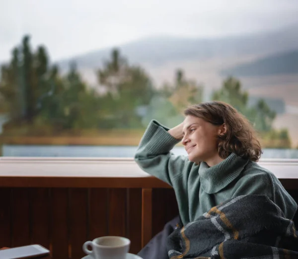 Young Happy Woman Green Sweater Window Country House Chalet View — Stock Photo, Image