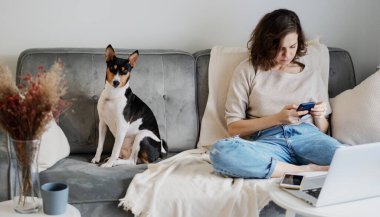 Evcil köpek Basenji ile evdeki kanepe, iş ve eğitim bilgisayarında akıllı telefon ve bilgisayar kullanan genç bir kadın.