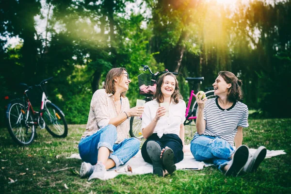 Tres Jóvenes Hermosas Amigas Divirtiéndose Parque Verano Sentadas Sobre Hierba — Foto de Stock