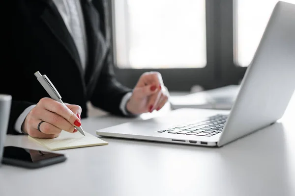 Women Hands Red Manicure Make Notes Diary Front Laptop Screen — Stock Photo, Image