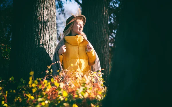 Милая Молодая Женщина Желтой Куртке Шляпе Наслаждается Прогулкой Осеннем Парке — стоковое фото