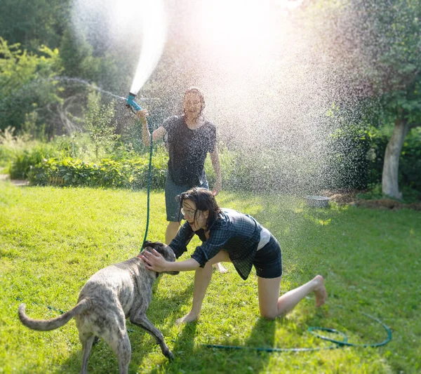Twee Mooie Jonge Vrouwen Vriendinnen Met Een Hond Gieten Water — Stockfoto